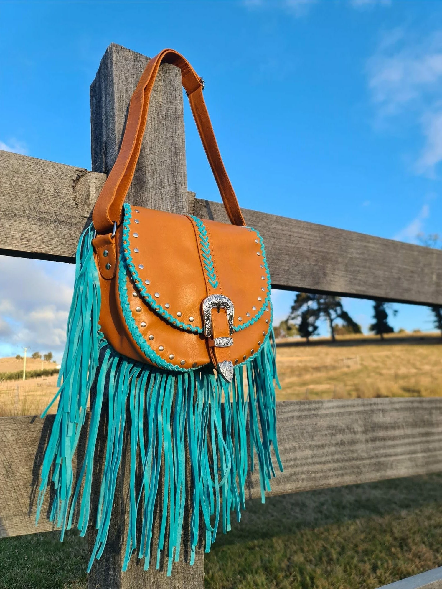 Esmeralda Cross Body Bag - Tan/Turquoise 2 Esmeralda Cross Body Bag - Tan/Turquoise - Image 2