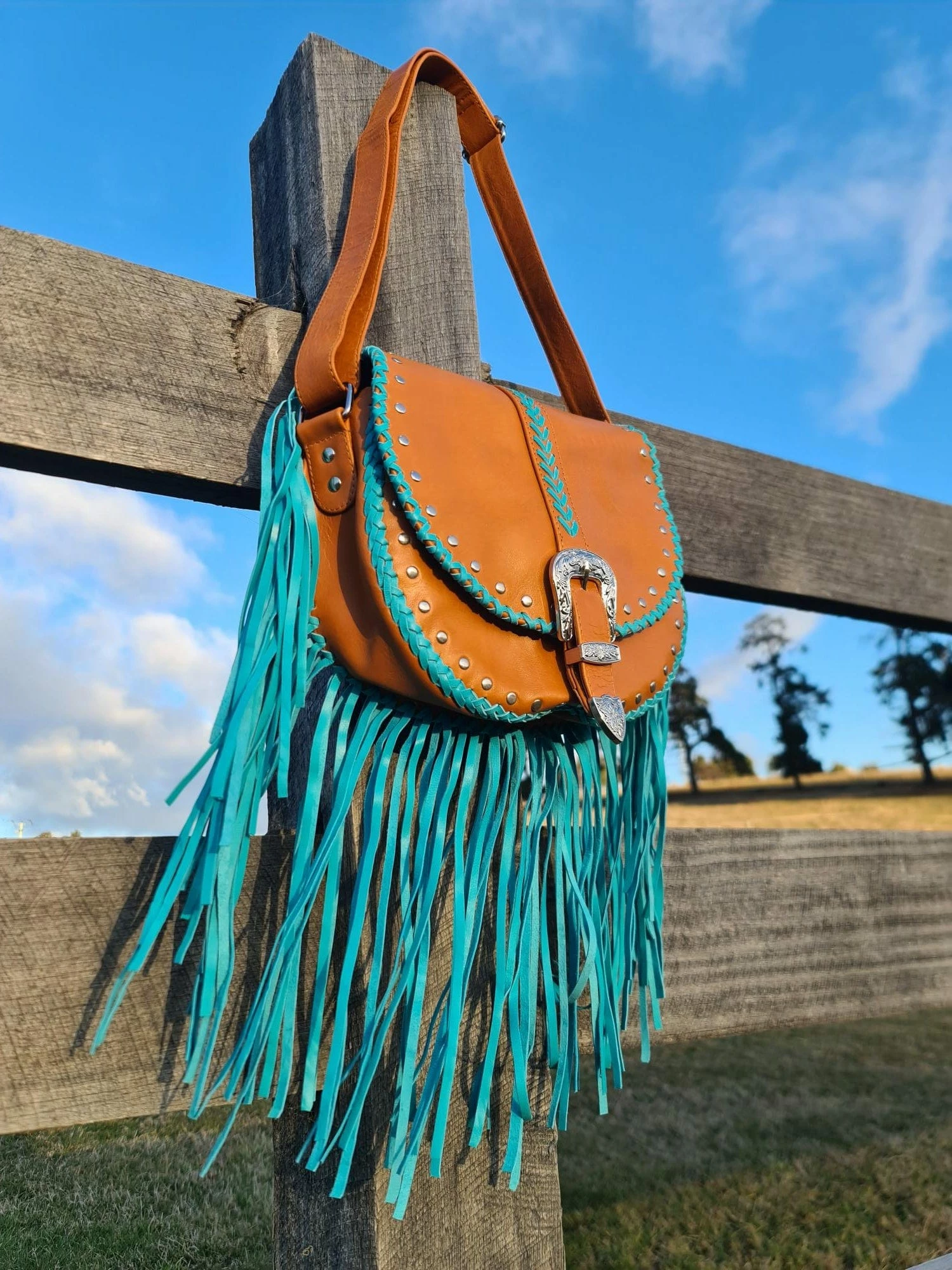 Esmeralda Cross Body Bag - Tan/Turquoise 3 Esmeralda Cross Body Bag - Tan/Turquoise - Image 3