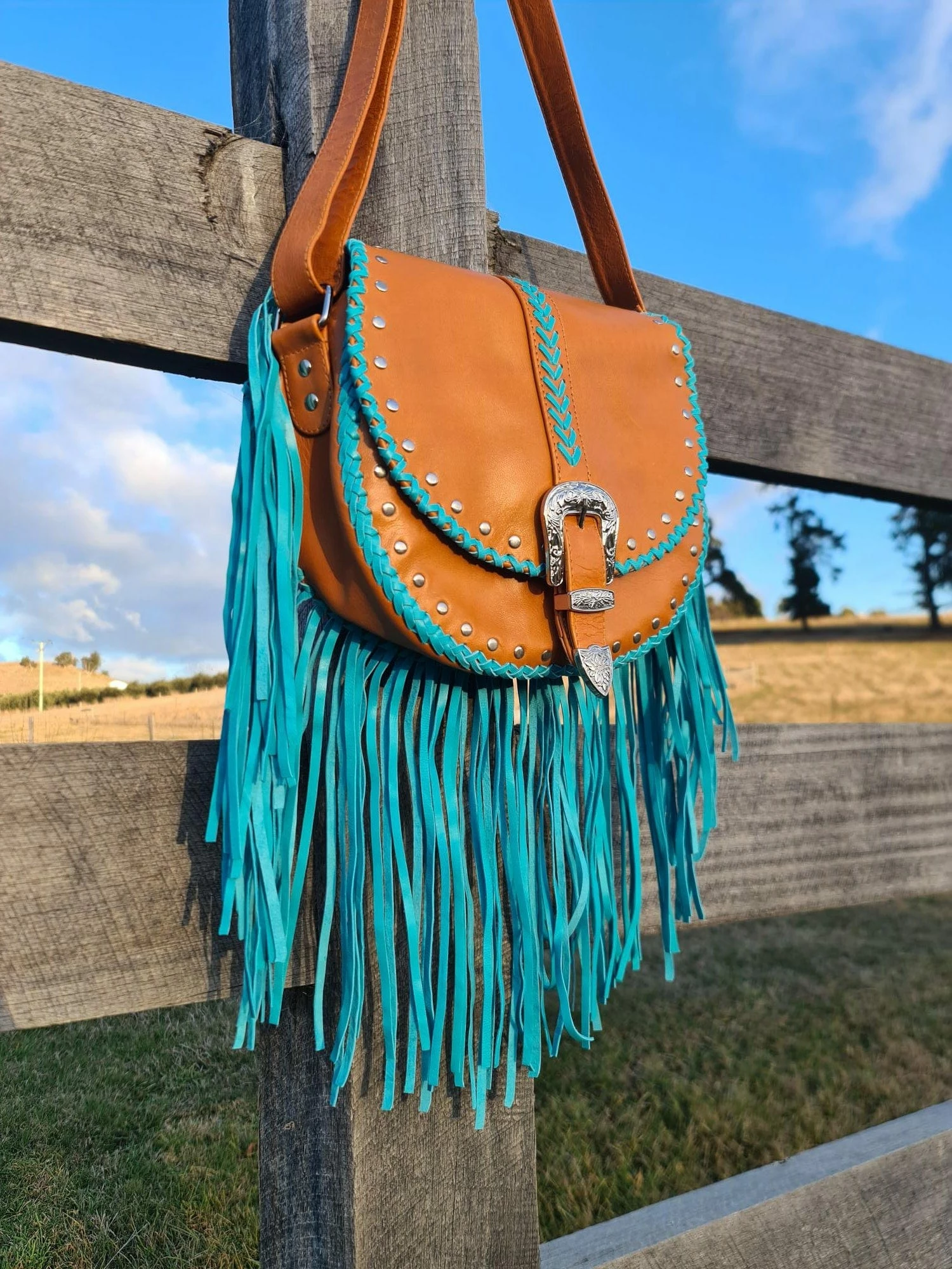 Esmeralda Cross Body Bag - Tan/Turquoise 1 Esmeralda Cross Body Bag - Tan/Turquoise